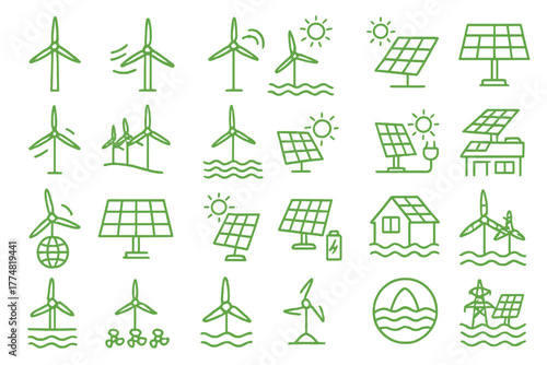 Eco energy icon set featuring wind, solar, and hydro power