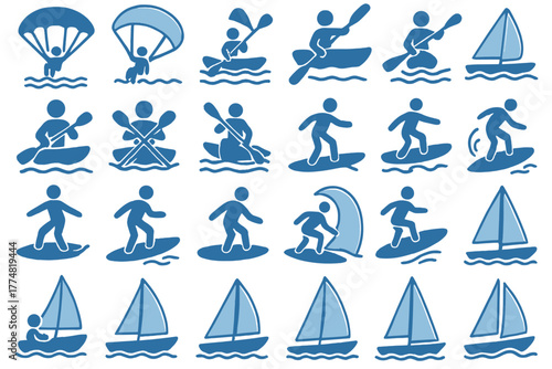 Water sports and sailing activity icon set
