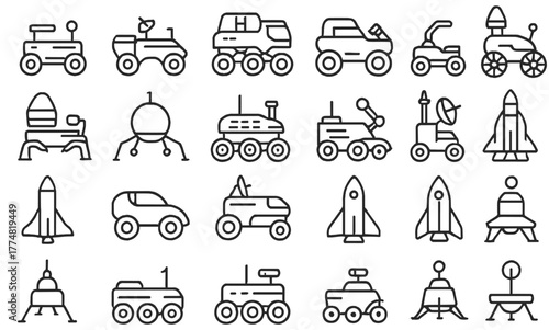 Set of space exploration vehicle and rocket icons on dark background