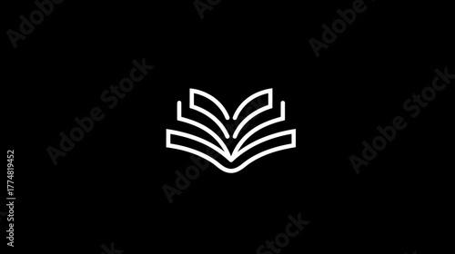 Minimalist open book line art icon on black background. Simple vector illustration symbolizing education, learning, knowledge, or library.