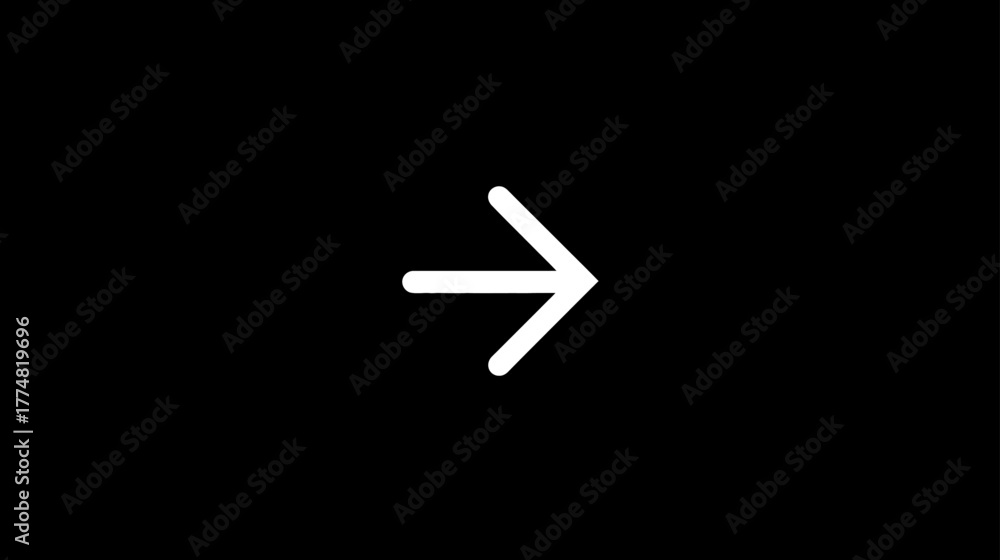 Obraz premium White outline arrow pointing right on a black background, a minimalist digital user interface element for navigation and next steps.