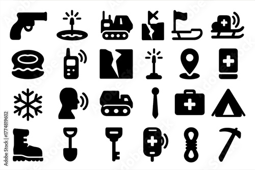 Blackout silhouette winter survival and rescue icon set