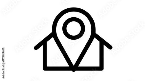 Home location pin icon. House symbol with map pointer. Property address, real estate navigation, simple graphic element.