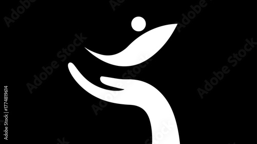 Abstract graphic: white hand supporting a stylized human figure. Symbolizing care, community, health, protection, and well-being.