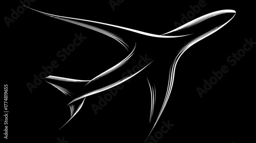 Abstract minimalist airplane outline in flight. Stylized white line art on a black background. Modern graphic design for aviation and travel.