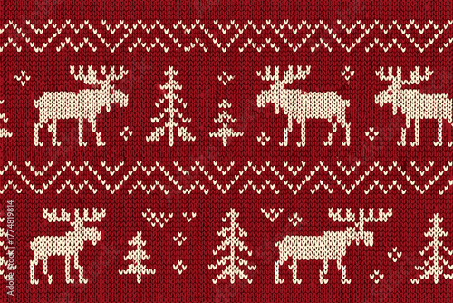 Knitted Christmas pattern with moose and trees on red background