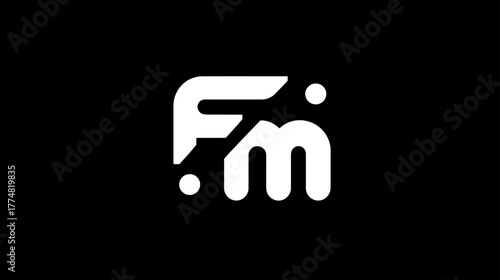 Modern stylized FM letters initialism logo graphic design on black background, minimalist typography concept