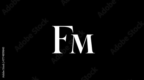 Elegant white serif capital letters FM on a minimalist black background, typography concept for design elements or initials