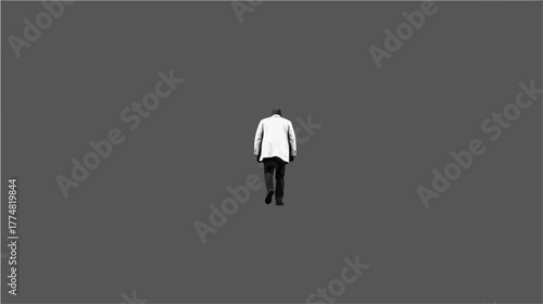 Professional man in white jacket and dark trousers, viewed from behind, walking away on a minimalist gray background, depicting corporate anonymity.