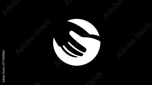 Abstract hand reaching out graphic inside a white circle on black background, symbolizing help, connection, and partnership.