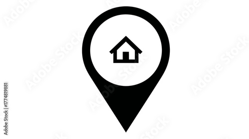 Home location pin icon. Map pointer with house symbol for address, destination, navigation, or residence. Black vector graphic.