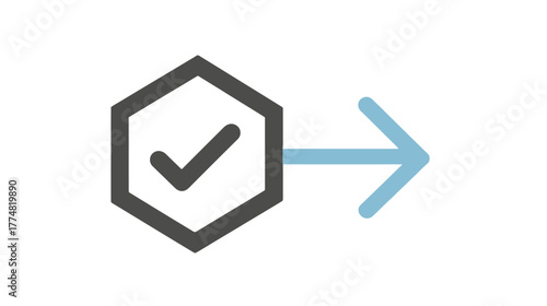 Hexagon with checkmark and arrow icon. Concept of process, verification, completion, next step, and workflow. Modern graphic.