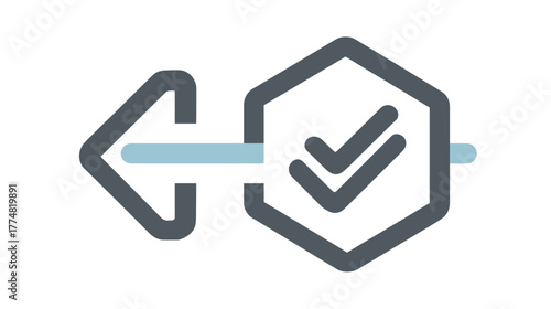 Successful Revert Operation Icon. Hexagon with double checkmarks connected to a left arrow, symbolizing confirmed rollback process or undo status.