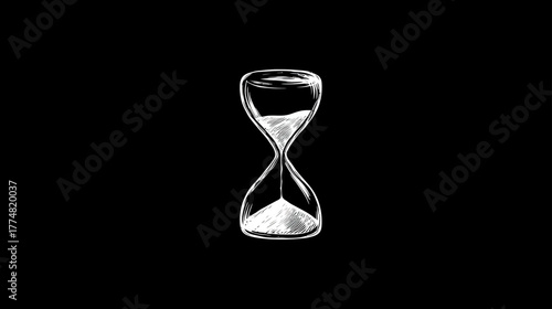 Elegant hourglass with white sand flowing against a stark black background, symbolizing time passing, countdown, urgency, and duration