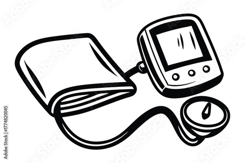 Black and white displays a blood pressure monitor in a vintage cartoon style