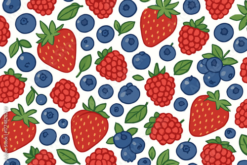Seamless pattern with strawberries, raspberries, and blueberries