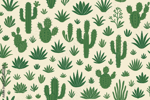 Seamless cactus and succulent desert plant pattern