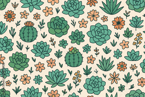 Whimsical seamless pattern of succulents, cacti, and desert flowers