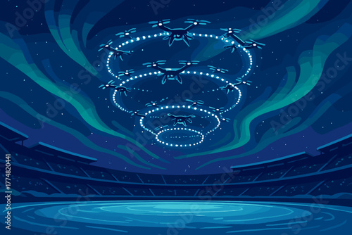 Drone light show in night stadium with glowing spiral formation