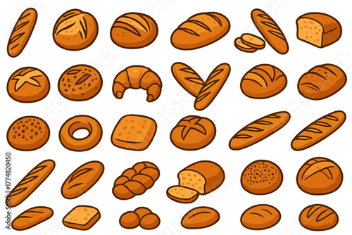 Variety of cartoon bread types on warm brown background