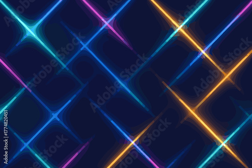 Neon glowing grid with vibrant diagonal light streaks on dark background