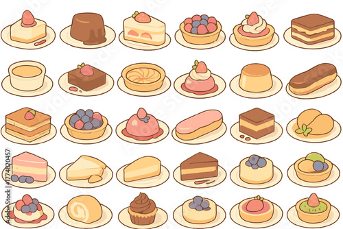 Cute dessert icon set with cakes, tarts, puddings, and pastries