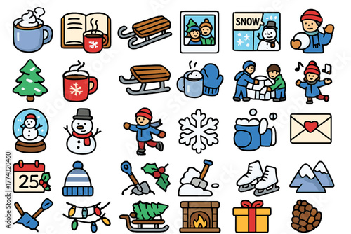 Charming Winter Activity and Holiday Icon Set