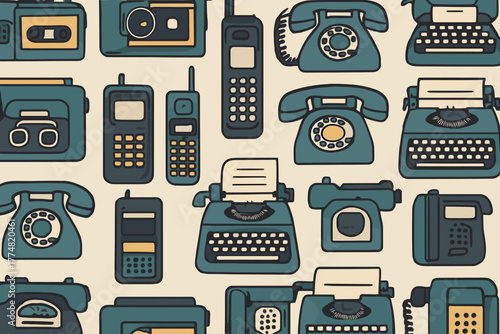 Seamless retro pattern with vintage phones and typewriters