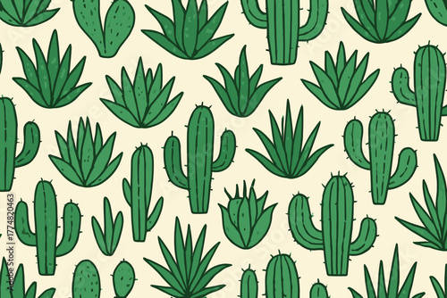 Seamless hand-drawn cactus and succulent pattern with green desert plants