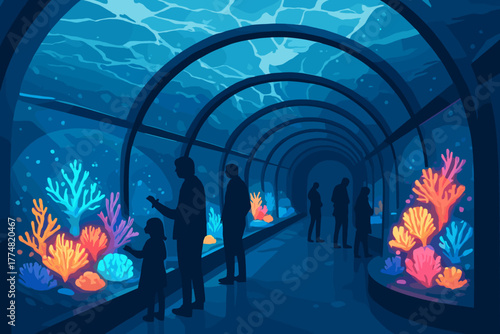 Visitors in an underwater tunnel viewing glowing coral reef displays at an aquarium