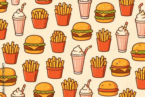 Cute fast food pattern with burgers, fries, and milkshakes