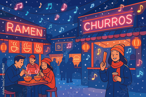 Winter night market with ramen and churros under festive lights