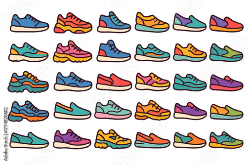 Colorful sneaker and slip-on shoe icon set