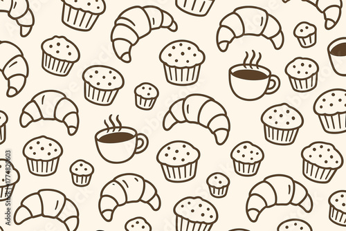 Cute seamless pattern with coffee cups, croissants, and muffins