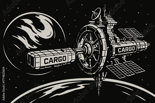 Retro-style space cargo station orbiting planet