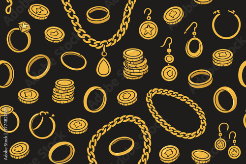 Seamless pattern of gold jewelry and coins on black background