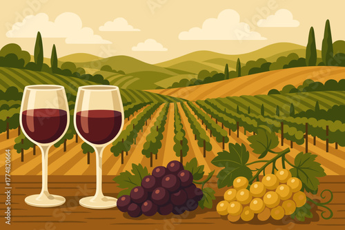 Scenic vineyard landscape with wine glasses and grapes