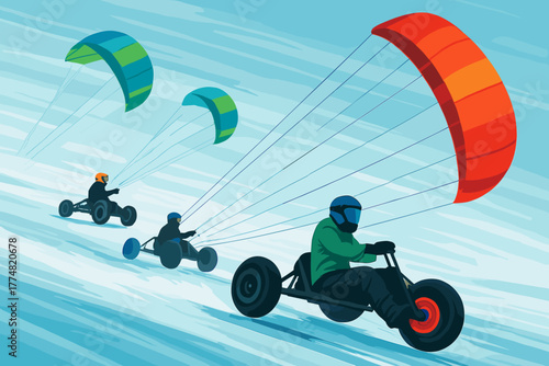 Illustration of land kite buggy riders racing on snowy terrain
