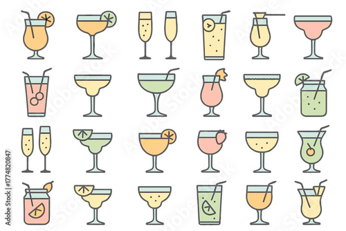 Minimal cocktail icon set with tropical and sparkling drinks