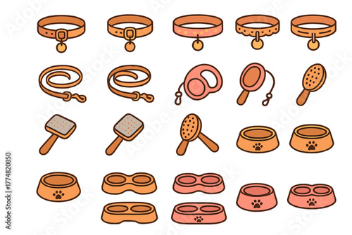 Set of cartoon pet care accessories icons on warm background
