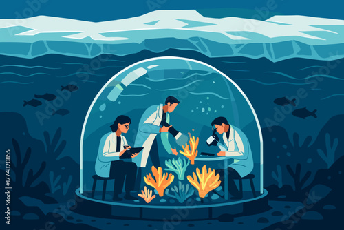 Scientists studying coral in underwater research dome