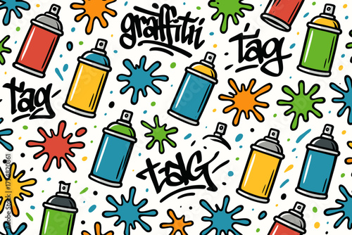 Graffiti-themed pattern with spray paint cans and colorful paint splatters