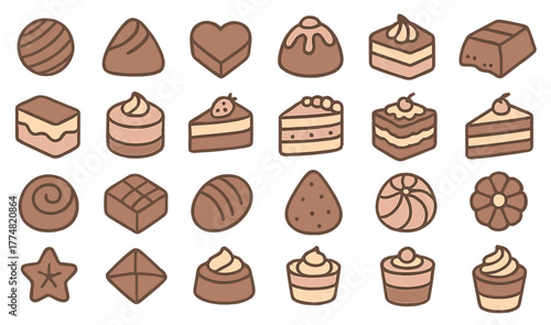 Cute chocolate and dessert icon set in soft brown tones