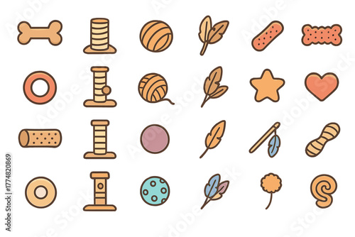 Adorable pet toy icon collection with soft warm tones