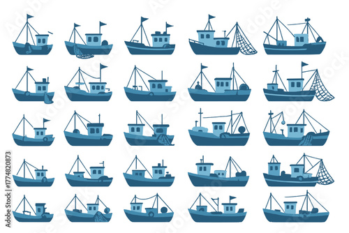 Pattern of fishing boats in a marine blue theme