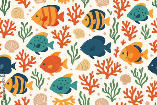 Seamless underwater pattern with colorful fish and coral