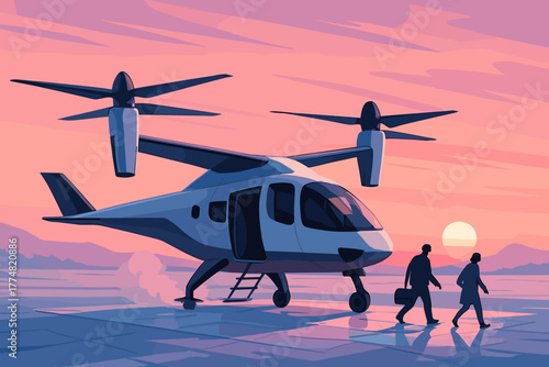 Futuristic electric air taxi on landing pad at sunset with passengers