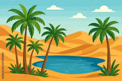 Desert oasis with palm trees and blue water
