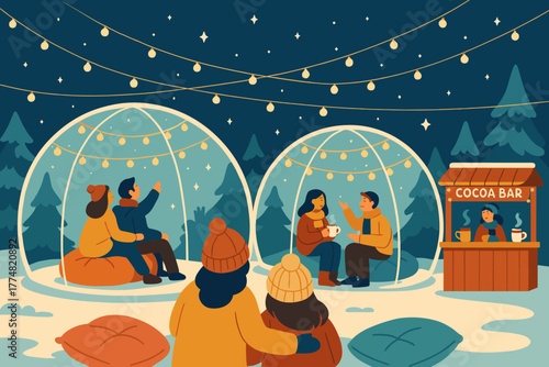Winter forest gathering with cocoa bar and glowing bubble tents