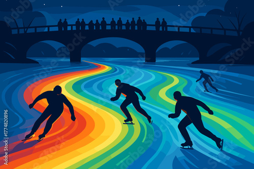 Night ice skating with colorful rainbow trails and bridge silhouette